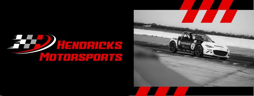 Official Hendricks Motorsports brand banner — checkered-flag logo with #2 Mazda race car in Samsara livery